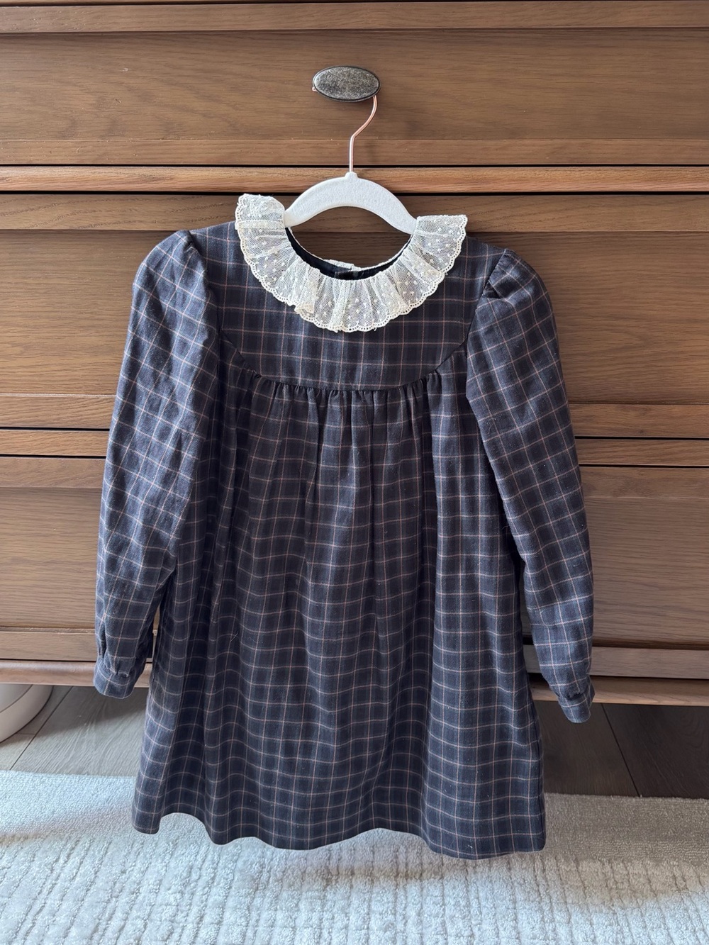 Bonpoint black Plaid Dress with Cream Lace Collar